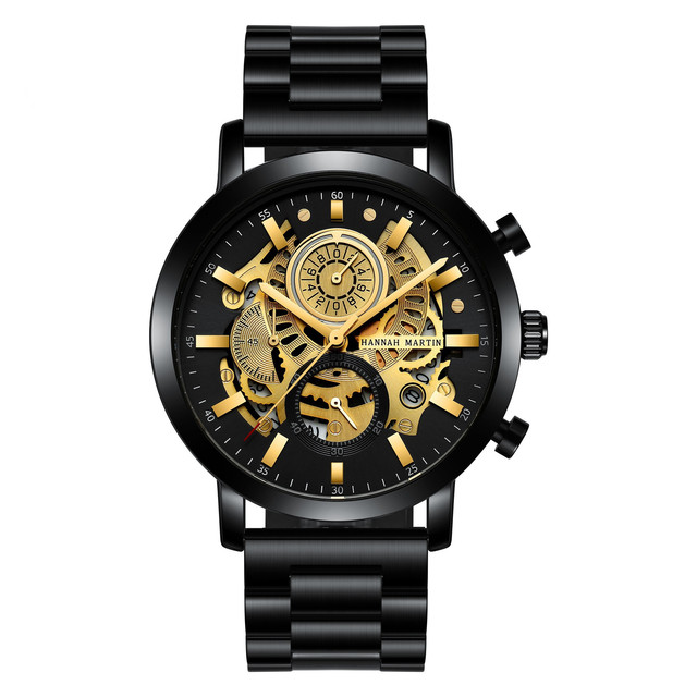 Hannah Martin Multifunctional Hollowed Out Calendar Skeleton Men Quartz Watches Black Business Technology Sense