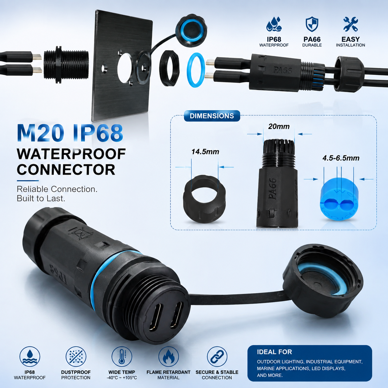 M20 IP68 Waterproof Dual Type-C Female Panel Mount Connector 10Gbps 5A dimension drawing