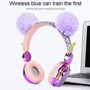 Audífonos Inalámbricos Bluetooth para Niñas con Micrófono, Diseño de Lujo con Brillantina y Bola de Pelo, Auriculares con Cable para Teléfono, Regalo - Product Image 2