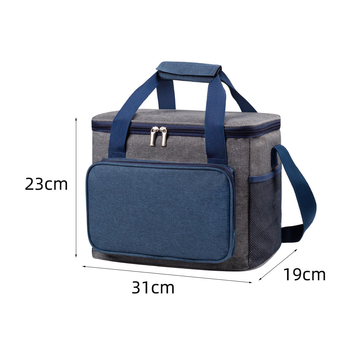 Color-blocked insulated bag with front pockets, grey and navy blue