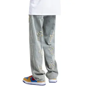 Benutzer definierte Männer American Vibe Style Vintage gewaschene Jeans Ins Style Stickerei Hip Hop High Street Straight Pants mit genähtem Kreuz