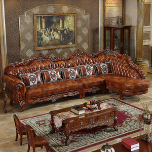 Nuovo Divano in Vera Pelle Stile Europeo, Set di Lusso per Soggiorno con Angolo in Legno Massello, Design Retrò Americano di Alta Gamma - Product Image 1