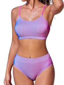 Striped Two Piece Bikini Set High Waist Swimwear Deep V Neck Beachwear for Women Wholesale Rate OEM Cheap Price Custom - Product Image 1