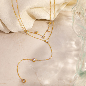 Collier en acier inoxydable avec zircon en forme de cœur, double couche, plaqué or 18 carats, chaîne de clavicule en forme de Y, pour un usage quotidien, idéal comme cadeau - Product Image 3