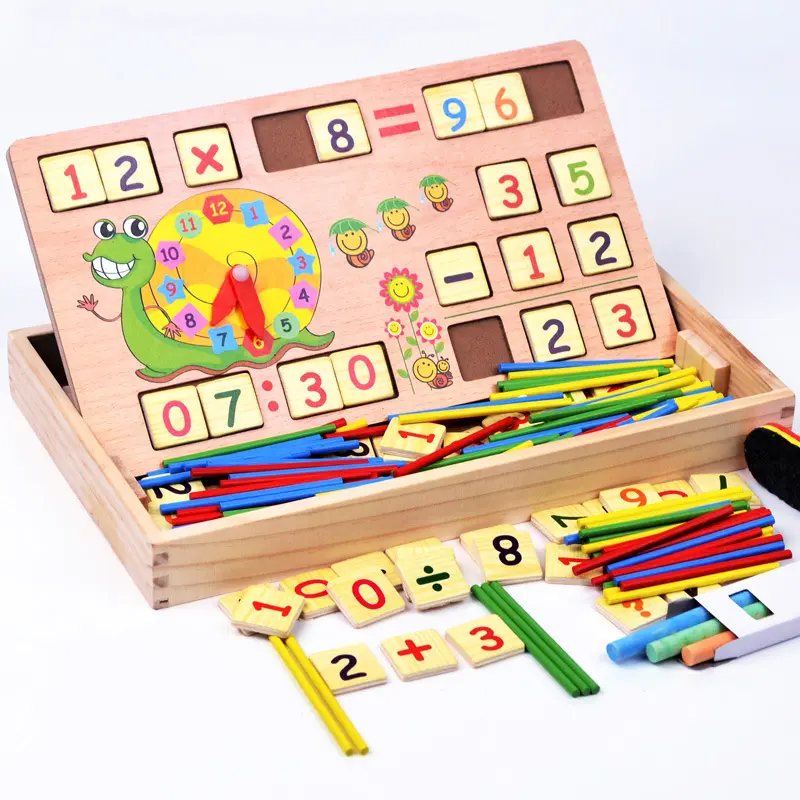 Vente en gros de jouets d'apprentissage informatiques multifonctionnels en bois pour enfants horloges jouets de conseil d'éducation précoce cognitive