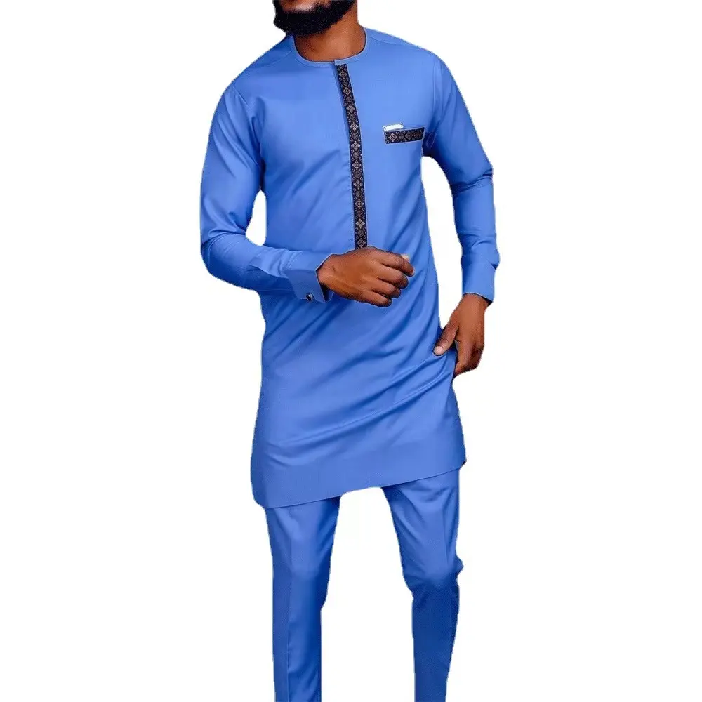 Africa hot sale ethnic style Muslim fashion casual slim fit plus size robe 2 pieces sets solid color Islamic clothing men suits