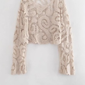 Pull en <span class=keywords><strong>tricot</strong></span> semi-transparent à motif floral chic pour femmes, col rond vintage, manches longues, style décontracté - Product Image 3