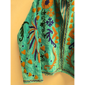 Turquoise <b>Velvet</b> <b>Women's</b> <b>Jacket</b> with Floral Embroidery, Mandarin Collar, Front Zipper, Long Sleeves, Prairie Chic Autumn Coat - Product Image 3