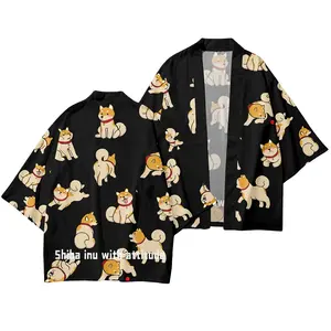 加大码6XL沙滩浴衣传统和服时尚卡通柴犬印花开衫豪瑞日本女男上衣