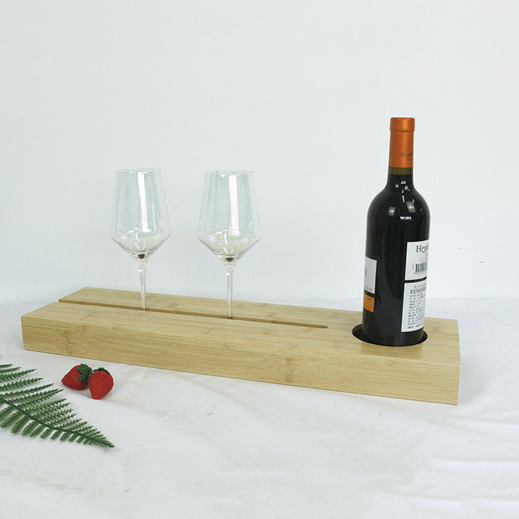 Бамбуковый поднос для вина на заказ с ручкой для хранения винных бутылок и 2 бокала для спальни, офиса, бара