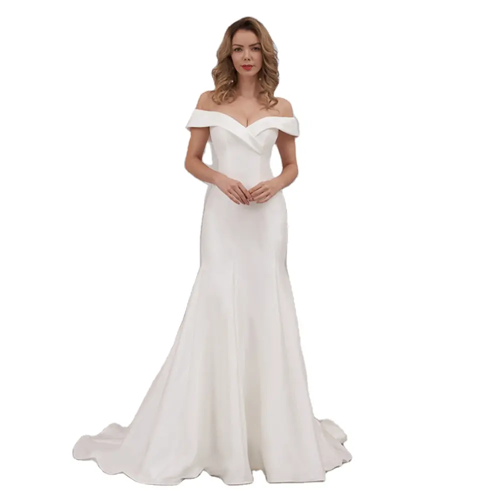 Elegant mikado satin ivory o neck sleeveless beauty beautiful bridal simple wedding dress