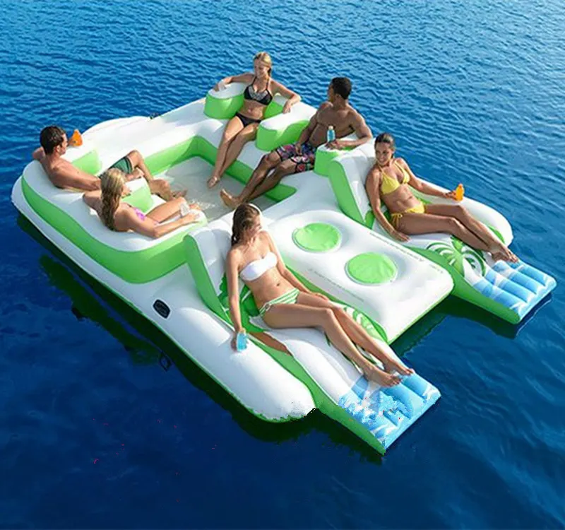 Floating Island 6 person Inflatable Lounge Raft Pool 6 Seat Floating Island with 2 Suntanning Decks And Built In Cooler