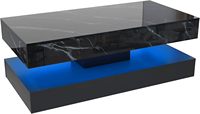 Table basse LED haute brillance avec 2 tiroirs, tables de rangement avec imprimé marbré, tables centrales à double niveau avec lumières LED
