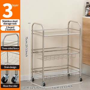 Customize 3-Layer Stainless Steel Kitchen <b>Storage</b> Rack Household Movable Stand for <b>Vegetable</b> Fruit <b>Basket</b> Metal Kitchen Trolley - Product Image 6