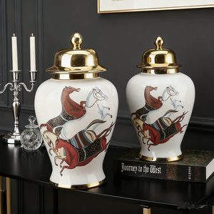 Jars à gingembre en céramique de style romain avec impression de cheval au galop blanc, couvercle en or luxueux pour la décoration moderne du salon - Product Image 5