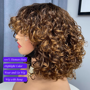 Perucas de Cabelo Humano Prontas para Usar, Peruca Barata de Cabelo Vietnamita Cru com Mechas e Franja, Perucas de 10 Polegadas com 200% de Densidade e Mechas - Product Image 1
