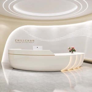 Tienda de belleza moderna, mesa de recepción de madera gris, recepción de <span class=keywords><strong>oficina</strong></span> frontal de Spa, escritorio de recepción curvo, caja registradora de salón de belleza - Product Image 5