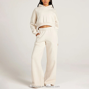 Alta qualità stampa dello schermo in pile di cotone 2 pezzi <span class=keywords><strong>tuta</strong></span> abiti da donna <span class=keywords><strong>tuta</strong></span> a gamba larga <span class=keywords><strong>pantaloni</strong></span> <span class=keywords><strong>della</strong></span> <span class=keywords><strong>tuta</strong></span> e Set di felpa corta con cappuccio - Product Image 1