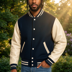 Blouson universitaire bleu marine pour homme avec manches en cuir PU, coupe classique, col montant, fermeture boutonnée, pour l'hiver, style décontracté, logo frontal - Product Image 1