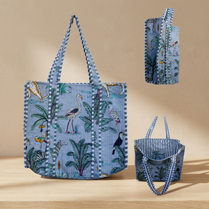 PNM Overseas Tranquil Light Blue Jungle Theme Block Print Tote <b>Bag</b>-Sustainable Cotton Carryall - Product Image 3