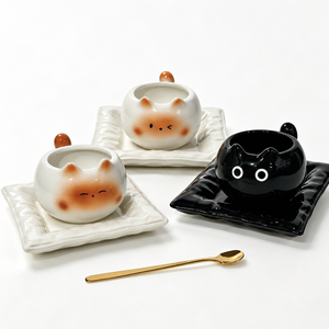 Set di Tazze in Ceramica a Forma di Gatto con Piattino Ondulato e Cucchiaino Dorato, 3 Design con <span class=keywords><strong>Faccine</strong></span> di Gatto, 250ml, Adatte a Microonde/Lavastoviglie, Idea Regalo - Product Image 5