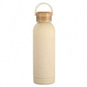 Minimalist Stainless Steel Vacuum Tumbler With Wooden Lid And Handle For Travel - Product Image 1
