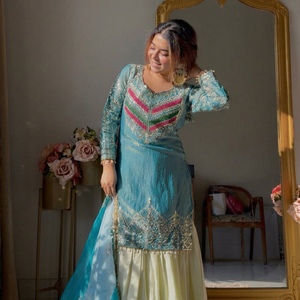 <b>Teal</b> Embroidered Anarkali Suit Set With Cream Sharara And Dupatta Indian Pakistani <b>Wedding</b> <b>Dress</b> - Product Image 1
