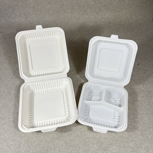 Contenedores de Alimentos de Plástico con Tapa para Almuerzo Caliente/Frío, Biodegradables, 100% Compostables, de Almidón de Maíz <span class=keywords><strong>Blanco</strong></span>, Cuadrados de 8 y 9 Pulgadas, con 3 Compartimentos - Product Image 1