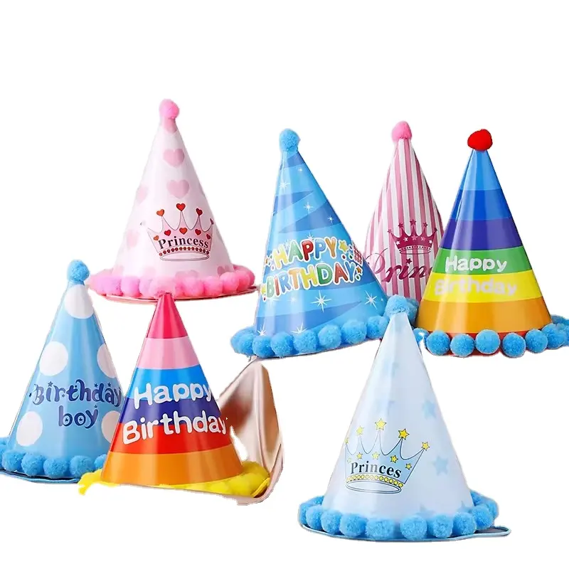 Wholesale Happy Birthday paper Hats-Pompom Pink Blue Paper Cone hat for Baby Shower Kids Adults Birthday party