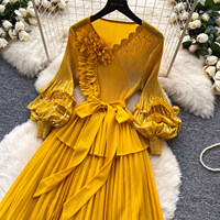 Robes de soirée élégantes pour femmes, style français, manches lanternes, robe trapèze, col en V, taille cintrée, mode décontractée haut de gamme, robe plissée