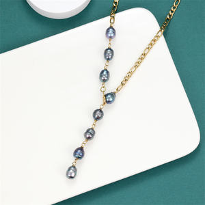 Pendiente de perla de agua dulce natural de acero inoxidable, cadena de perlas hechas a mano, perlas de color negro <span class=keywords><strong>tahitiano</strong></span>, joyería hawaiana al por mayor - Product Image 2