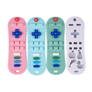 Jouet de dentition en silicone en forme de télécommande pour bébés de 0 à 24 mois, de qualité alimentaire, à mâcher, apaisant, rose, bleu, vert, gris - Product Image 1