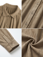 Anjie OEM ODM Veste en daim pour femme découpée au laser, style peplum avec cordon de serrage à la taille, chemisier perforé kaki, marque privée, vente en gros