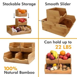 Wooden Double Layer Compartment Storage Rack Large Kitchen Countertop Basket For Fruit And Vegetable Organization - Product Image 2