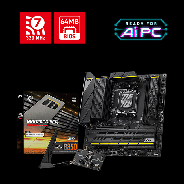 MSI B850MPOWER AM5 MATX DDR5 128GB Wi-Fi 7 Gaming Motherboard Supports 9000 / 8000 / 7000 Series CPU for Desktop PC