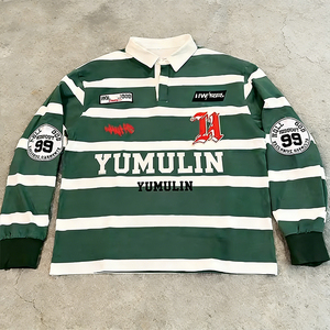 Chemises polo en coton à col brodé surdimensionné avec imprimé <span class=keywords><strong>vintage</strong></span> personnalisé, chemises à manches longues rayées de style rugby pour hommes - Product Image 1