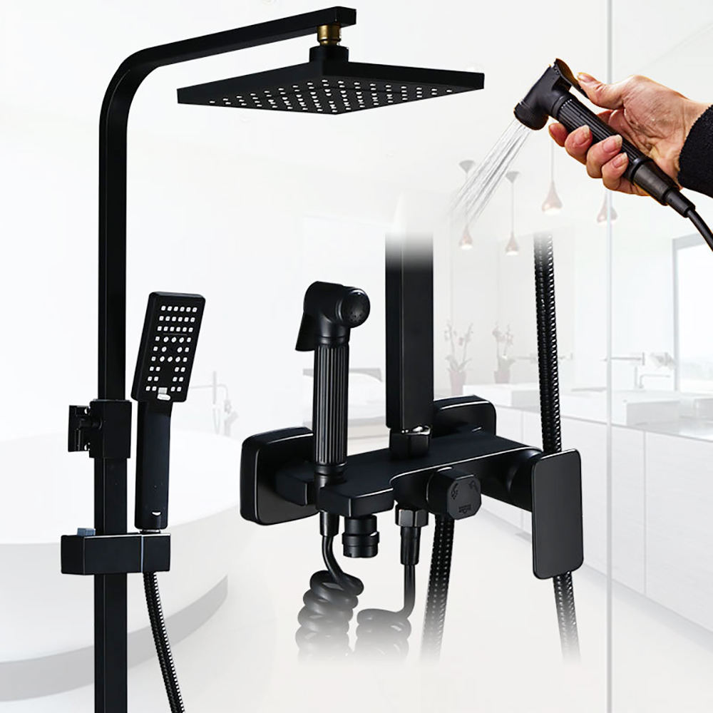 Luxury 304 Stainless Steel Brass Body Bidet Thermostatic Square Rain Shower Head Set Matt Black Bathroom Shower Faucets Soft Jet