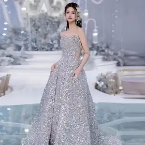 3069 Silver Women Sequined Evening Dress Annual Meeting Host Party Princess Banquet Toast Party Evening Gown