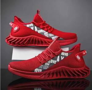 red Mesh Print Sporty <b>Sneakers</b> Lace-Up Round Toe Breathable Rubber Outsole All Seasons - Product Image 3