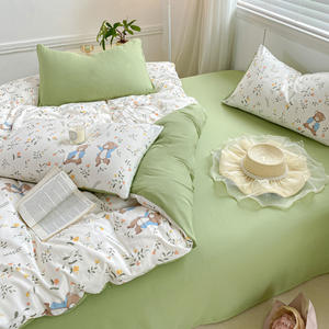 Parure de lit 4 pièces en coton lavé imprimé floral frais, style drap-<span class=keywords><strong>housse</strong></span>, double couche de fil - Product Image 1