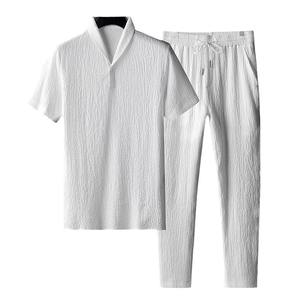 Costume décontracté à col rabattu imprimé pour homme, été, anti-froissement, sport, fin, coton biologique, tendance de la mode, version coréenne, élégant - Product Image 5
