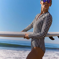 JSN 2026 Nouveau Maillot de Bain Une Pièce Sexy Personnalisé pour Femme à Manches Longues, Motif Écossais, avec Fermeture Éclair Avant et Bas de Maillot Coupe Shorty, Idéal pour le Surf
