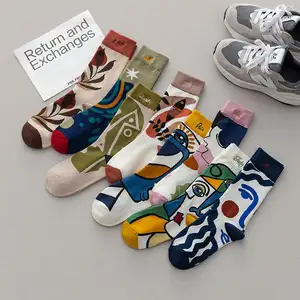 Calcetines deportivos con letras bordadas para mujer, medias deportivas con patrón abstracto, de algodón suave, transpirables de colores, nuevos estilos