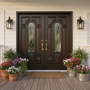 Portes d'entrée doubles en verre anti-effraction de haute qualité en <span class=keywords><strong>bois</strong></span> massif pour villas contemporaines - Product Image 3