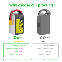 Batterie LiPo semi-solide 22,2 V 1550 mAh 120C 6S1P à décharge rapide 300 cycles avec connecteur XT60 pour drones FPV et voitures RC CE/UN38.3