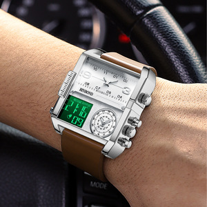 Binbond Men's Square Analog Digital Watch 11mm Three Display Multiple Time Zone Quartz Watch Brown Leather Strap - Product Image 3
