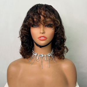Perruques Bob 12 pouces à franges ondulées, 200% de densité, sans dentelle, 100% cheveux humains, cheveux brésiliens Remy, bouclées - Product Image 3