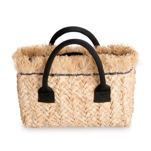 Bolso Tote Cuadrado <span class=keywords><strong>de</strong></span> Rafia Natural Tejido a Mano con Asas <span class=keywords><strong>de</strong></span> Cuero Negro, Borde Deshilachado, Bolso <span class=keywords><strong>de</strong></span> Playa Boho Sostenible para Mujer - Product Image 1
