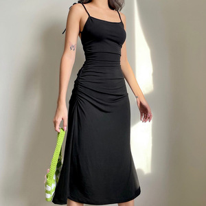 Vestito Estivo Nero in Chiffon con Vita Naturale e Pieghe Laterali, Modello Slimming, Nuova Collezione, Vendita all'Ingrosso - Product Image 4