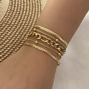 Woying Personalized Hot Selling Figaro 18K Gold Plated Stainless Steel Cross Snake Bone Chain Double-layer Bracelet